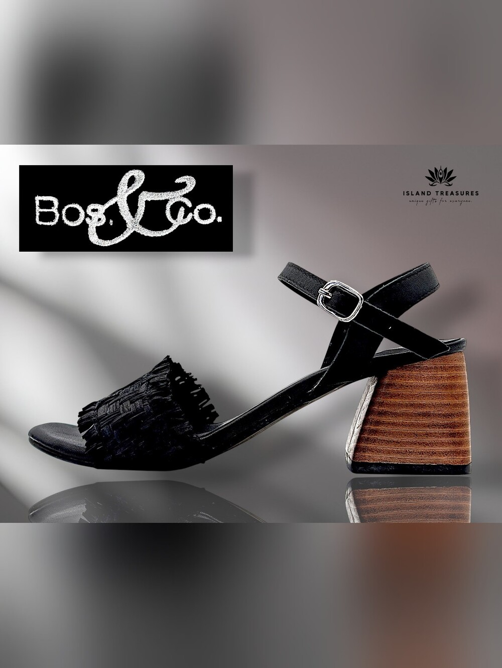 Bos & Co. Gera Sz 6 Black Raffia With Leather Trim Sandal Ankle Strap Block Heel